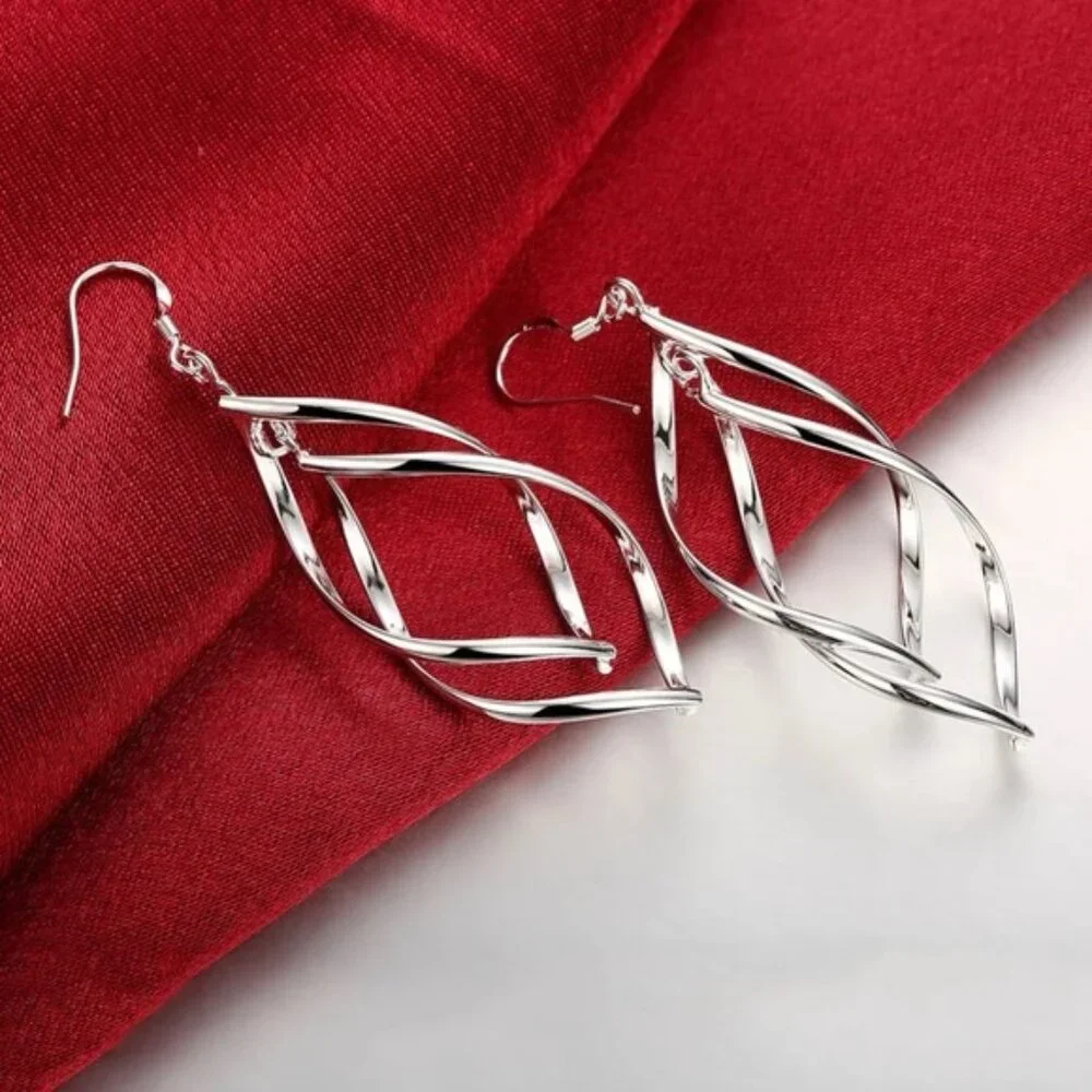 925 Sterling Silver Long Drop Hoop Earrings - Picture 2 of 4